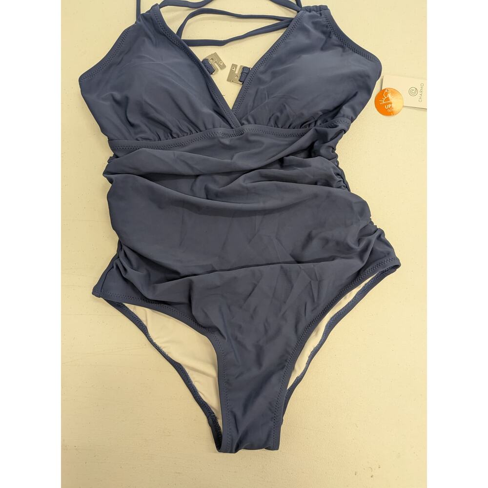 Women’s One Piece Swimsuit Blue Ruched Criss Cross Back UPF 50+ Size M
